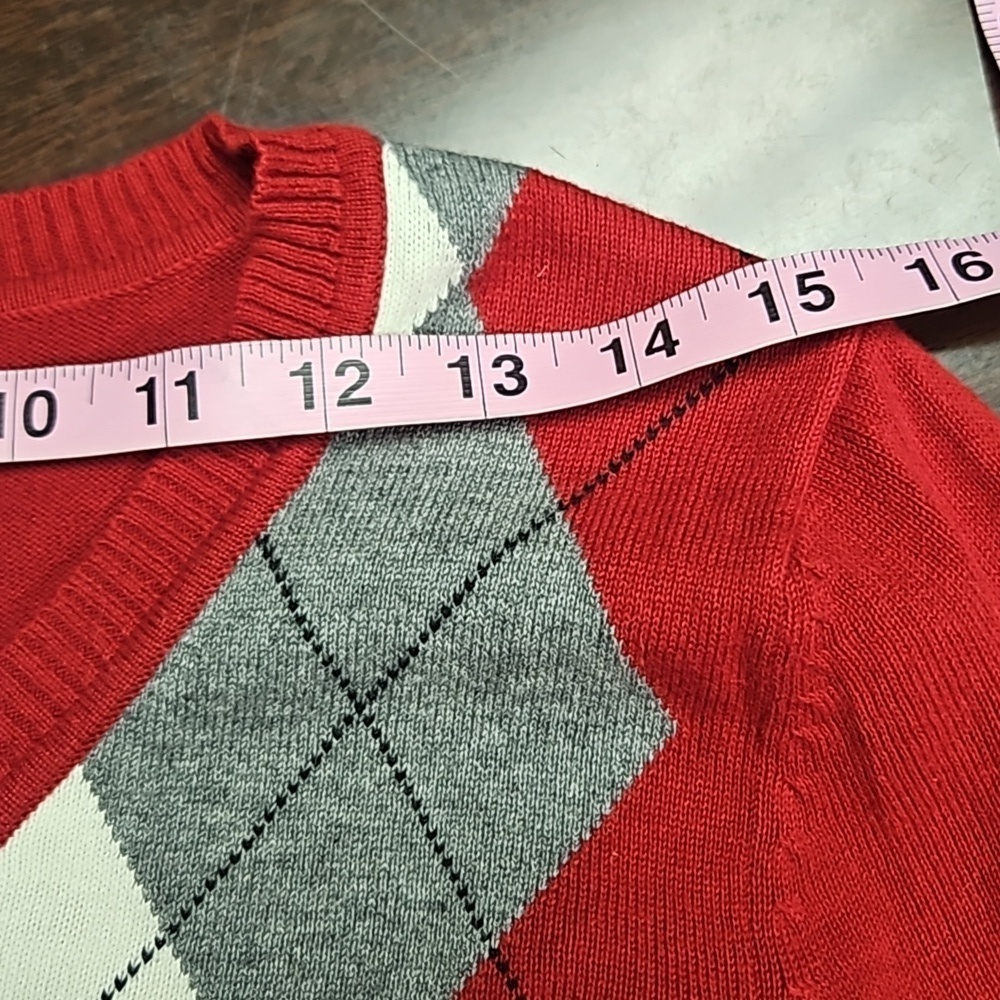 St John Bay Argyle V Neck Sweater Red Grey White Med NWT Cotton - Picture 7 of 11